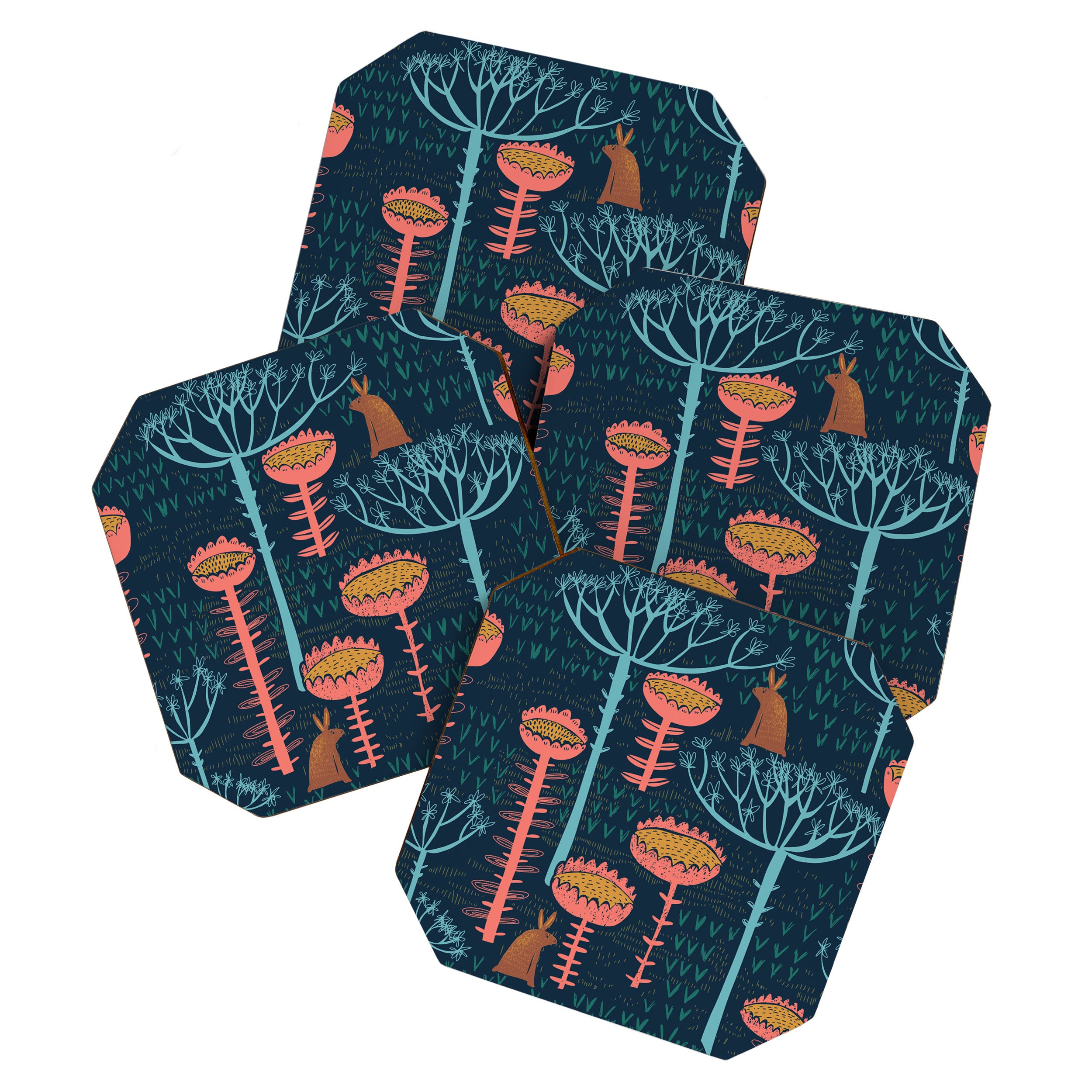 Block print scandinavian blue meadow Coaster Gallery Image 1