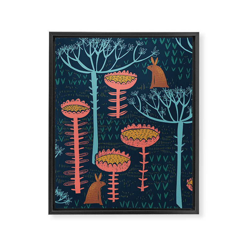 Block print scandinavian blue meadow Framed Canvas Print Gallery Image 8
