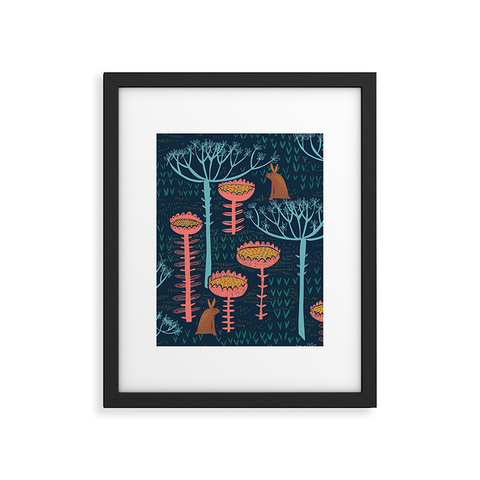 Block print scandinavian blue meadow Framed Art Print Gallery Image 1
