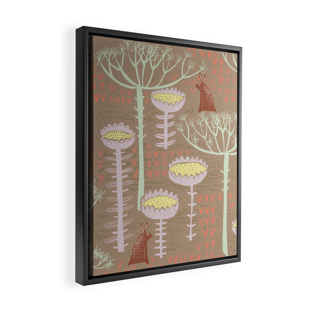 Block print scandinavian meadow brown Framed Canvas Print Gallery Image 2