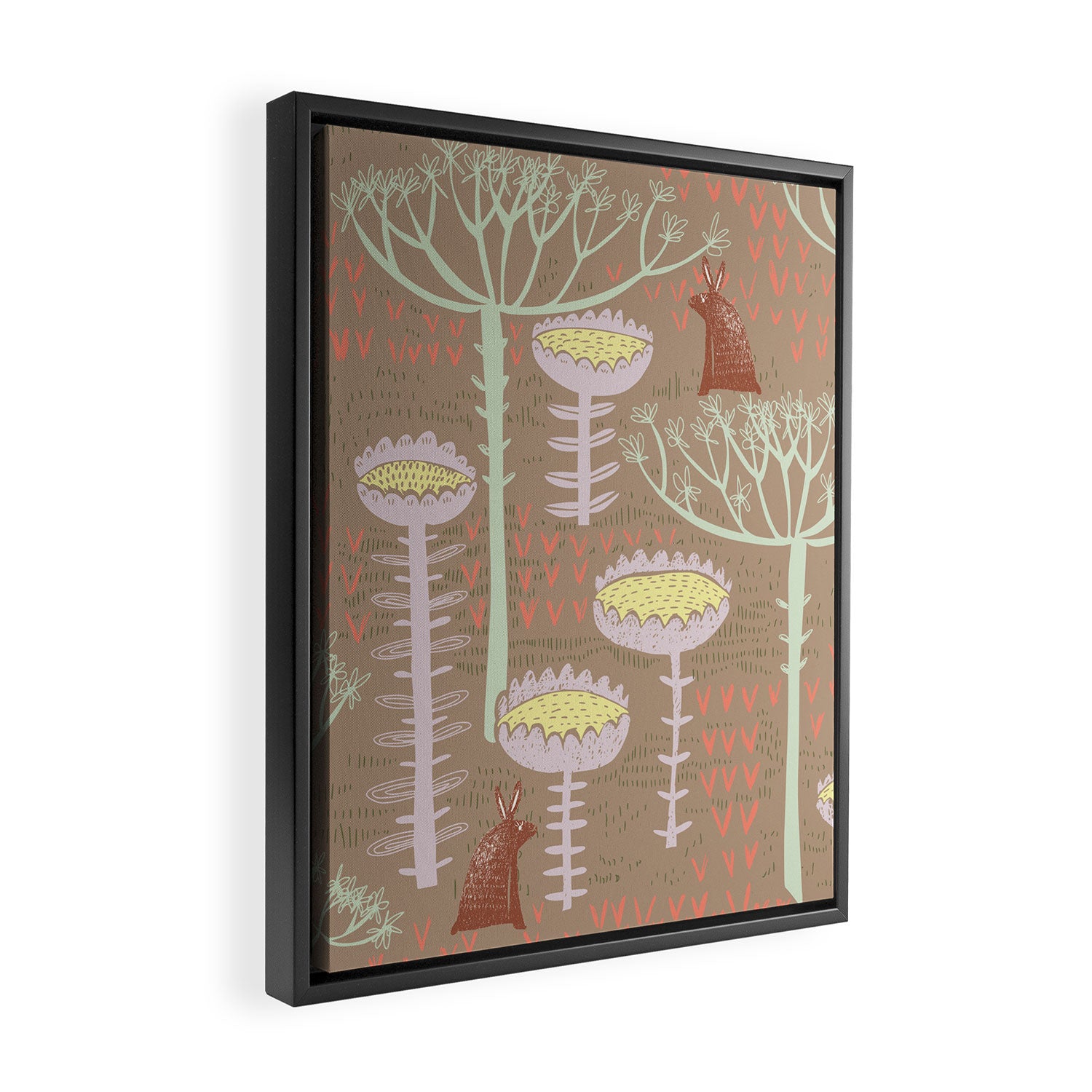 Block print scandinavian meadow brown Framed Canvas Print Gallery Image 2