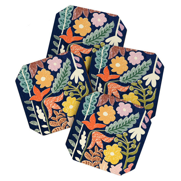 Block print summer meadow dark blue Coaster Gallery Image 1