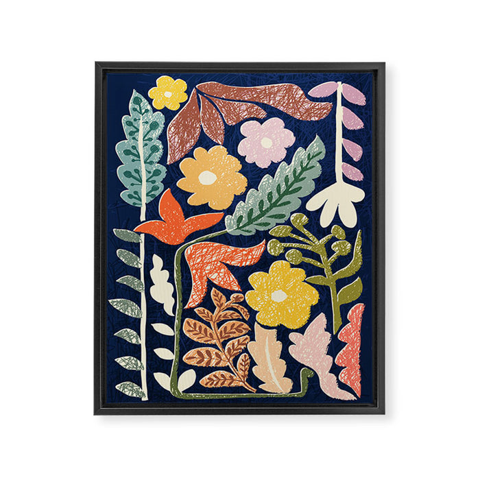 Block print summer meadow dark blue Framed Canvas Print Gallery Image 1