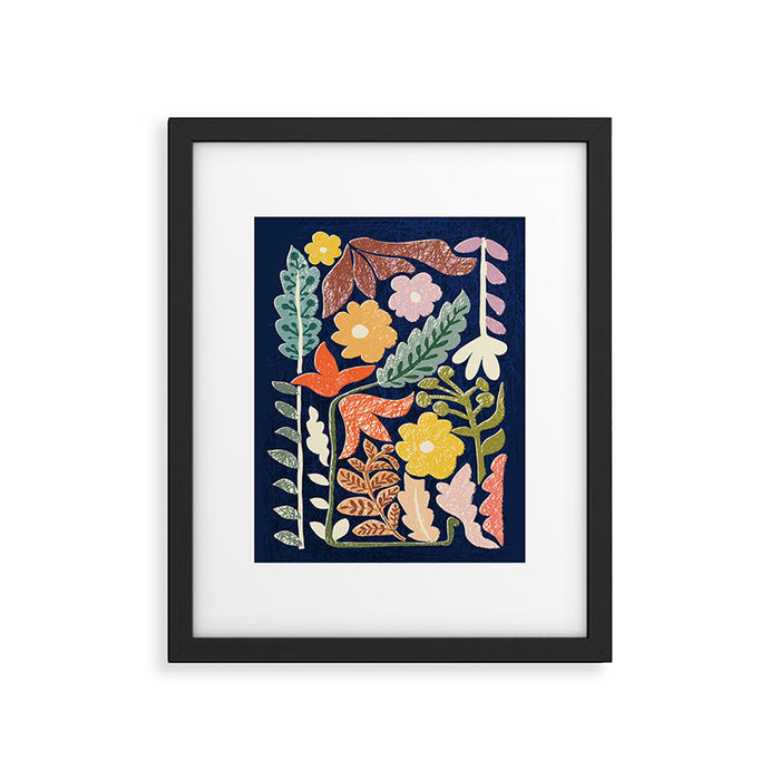 Block print summer meadow dark blue Framed Art Print Gallery Image 1