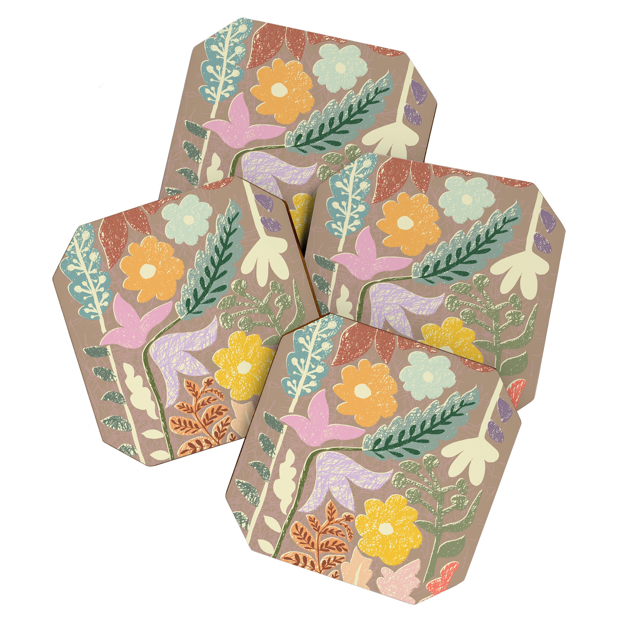 Block print summer meadow earthy tones Coaster Gallery Image 1
