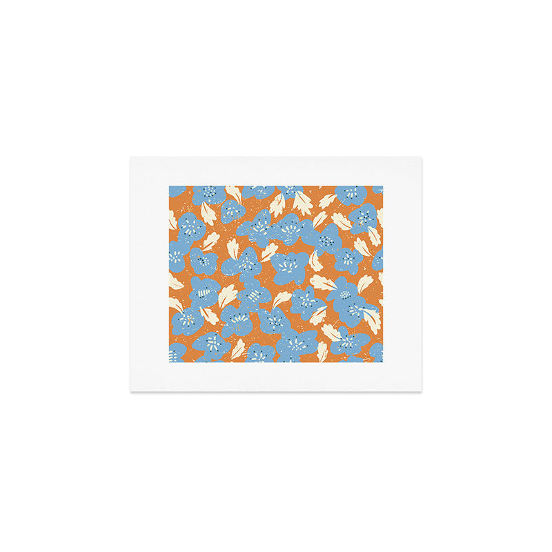 Bold flowers in my garden blue on orange Art Print Gallery Image 1