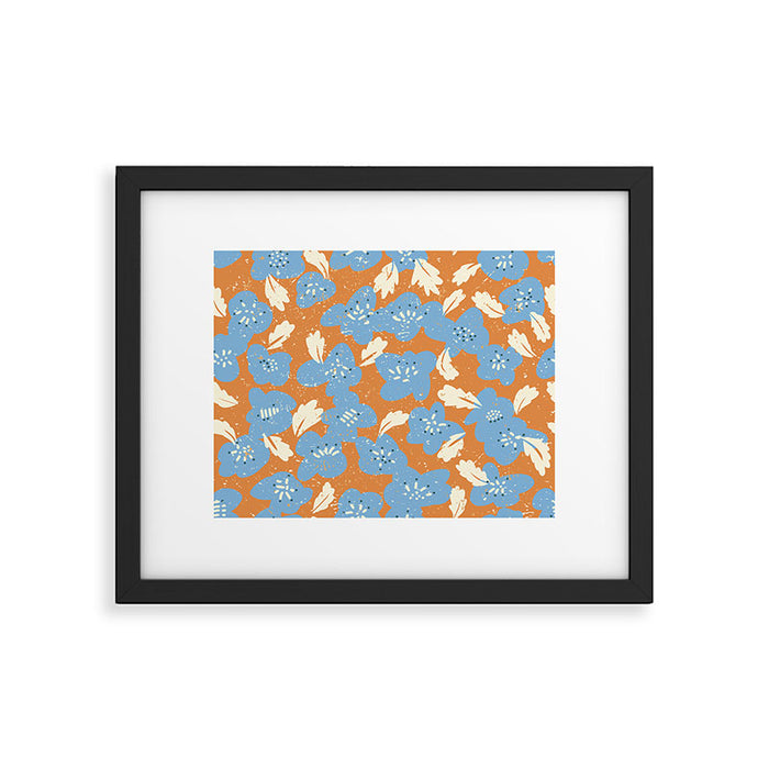 Bold flowers in my garden blue on orange Framed Art Print Gallery Image 1