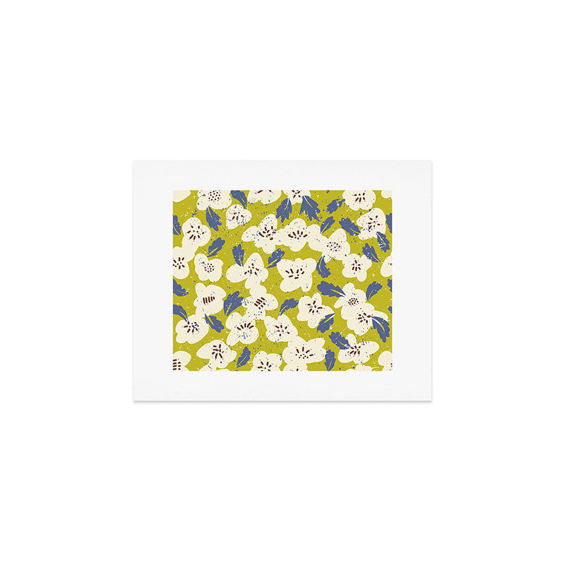 Bold flowers in my garden on yellow green Art Print Gallery Image 1