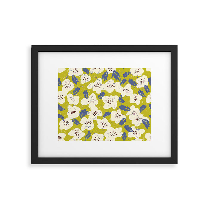 Bold flowers in my garden on yellow green Framed Art Print Gallery Image 1
