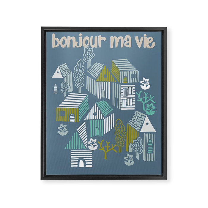 bonjour ma vie; City life collection blue teal Framed Canvas Print Gallery Image 1