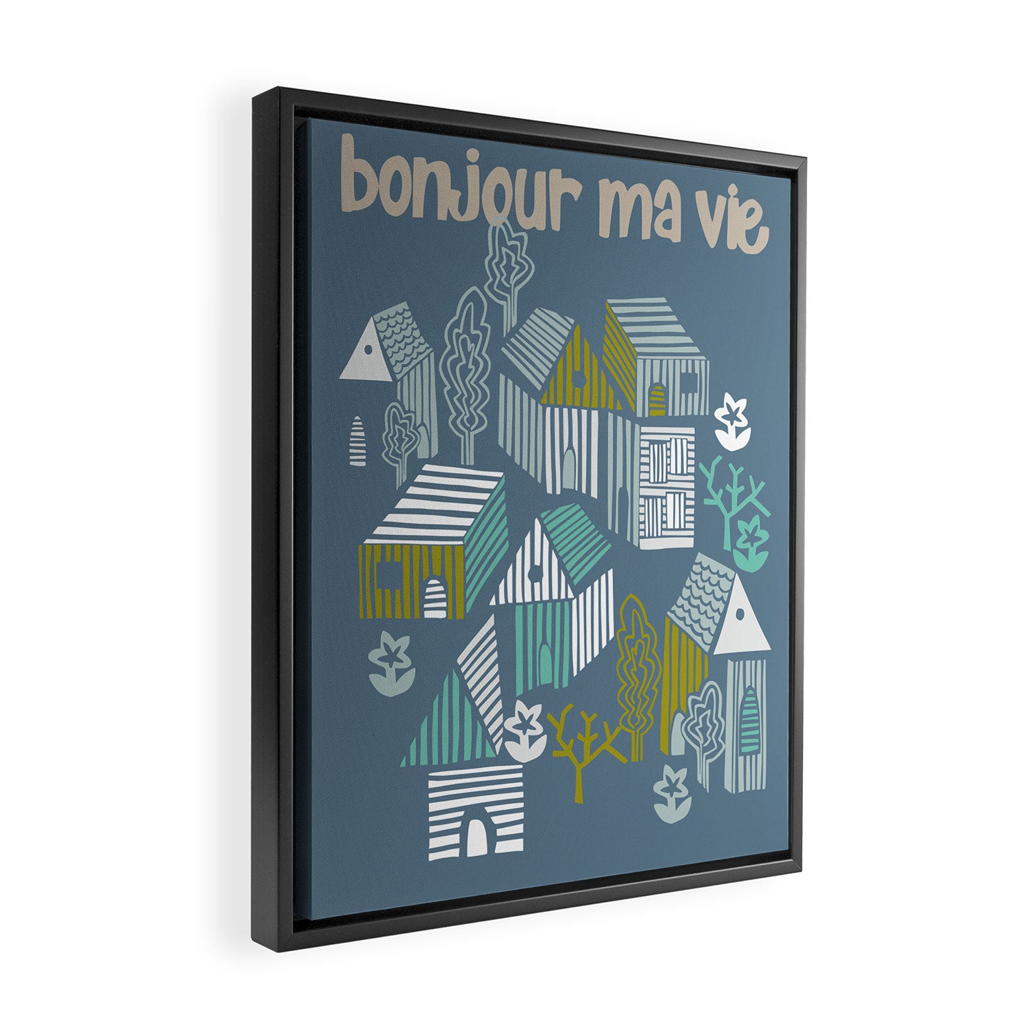 bonjour ma vie; City life collection blue teal Framed Canvas Print Gallery Image 2