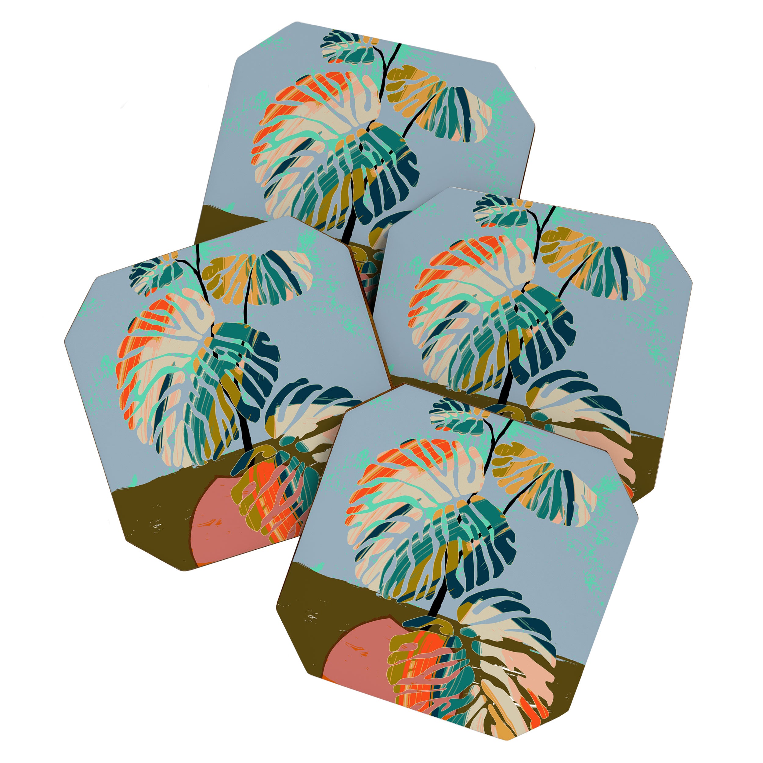 colorful monstera leaves Coaster Gallery Image 1