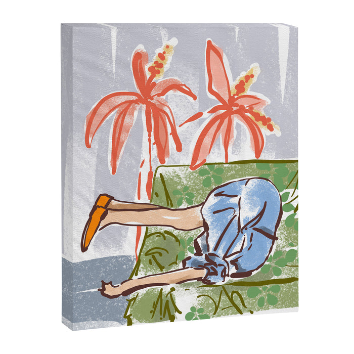 Exhausted woman in a blue dress Canvas Print Gallery Image 1