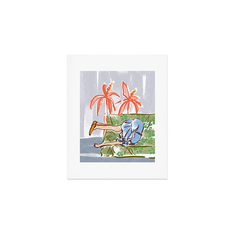 Exhausted woman in a blue dress Art Print Gallery Image 1