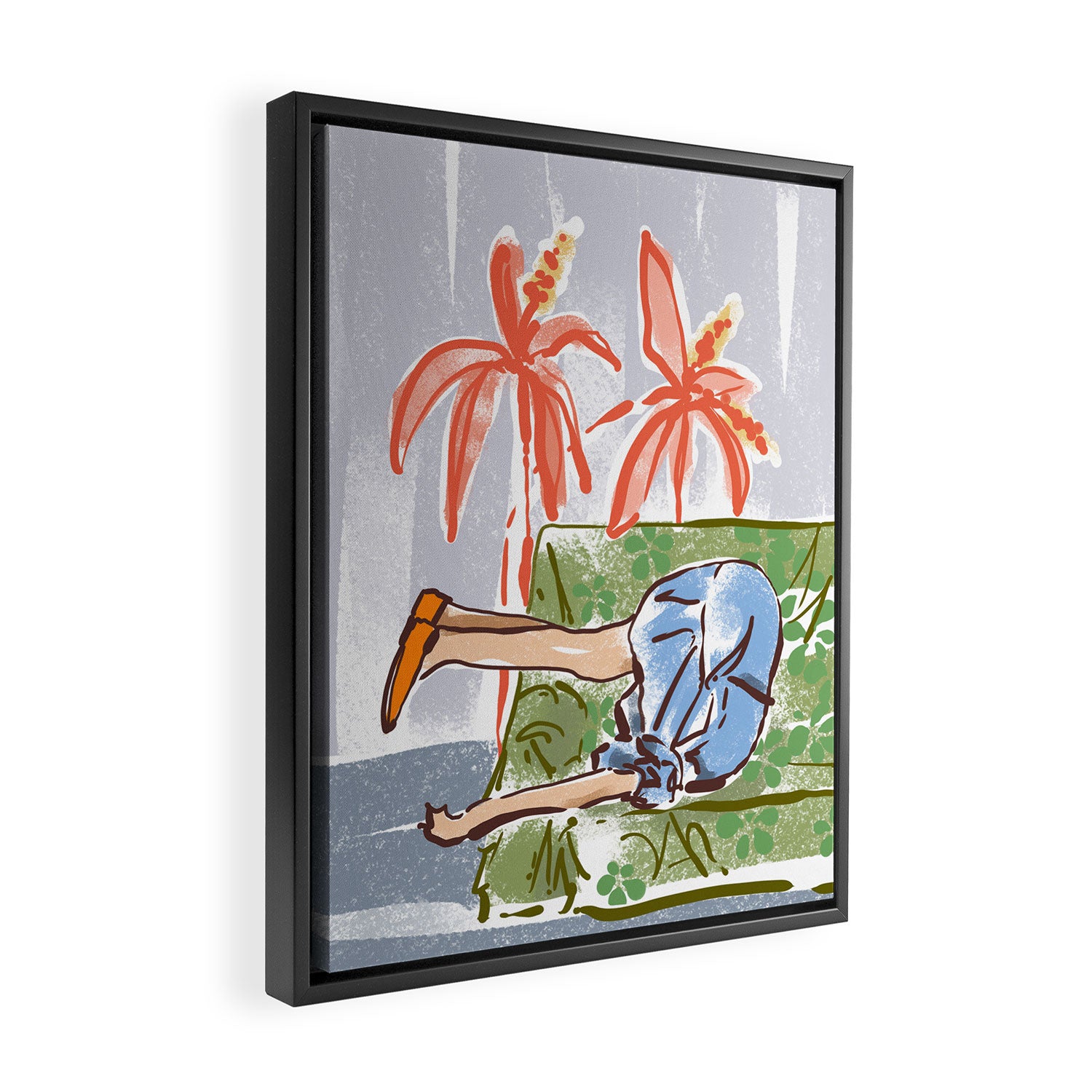 Exhausted woman in a blue dress Framed Canvas Print Gallery Image 2