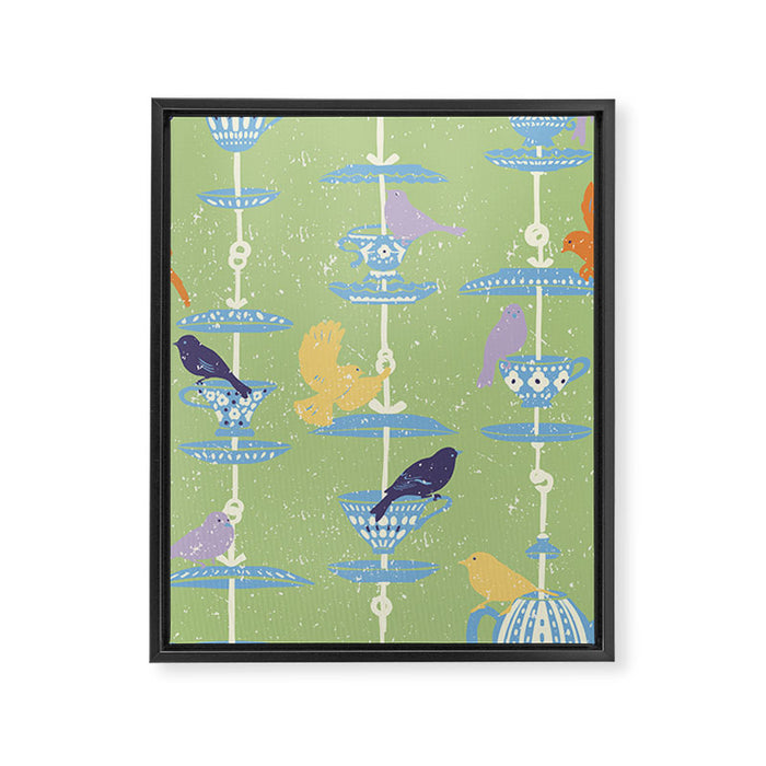 Garden Bird feeding may green Framed Canvas Print Gallery Image 1