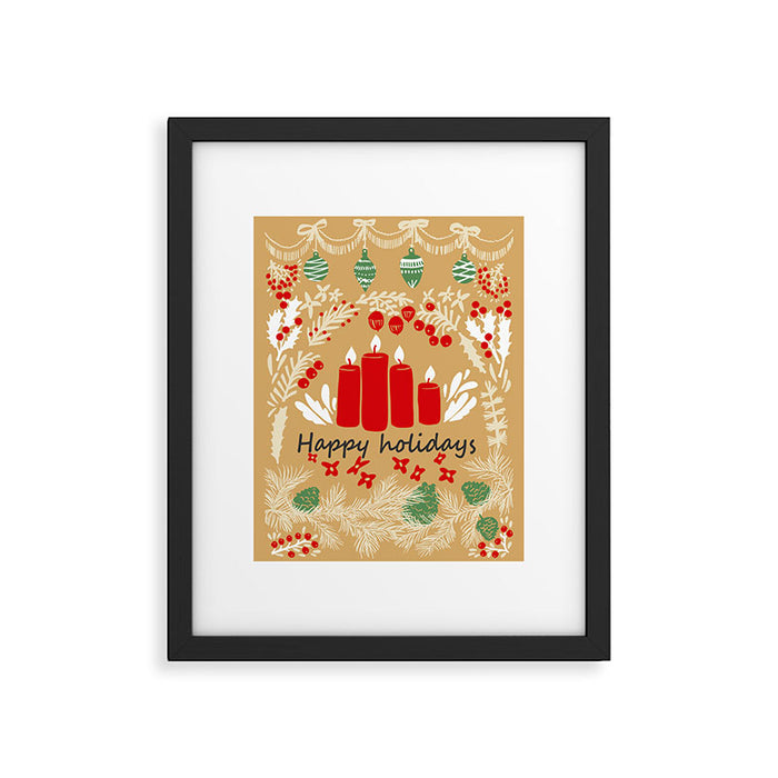 happy holidays christmas greetings - folk art illustration Framed Art Print Gallery Image 1