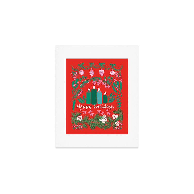 happy holidays greetings - folk art illustration Art Print Gallery Image 1
