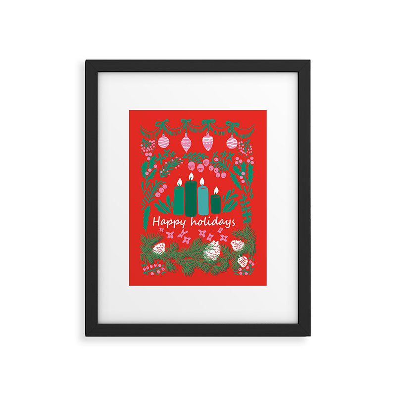 happy holidays greetings - folk art illustration Framed Art Print Gallery Image 5