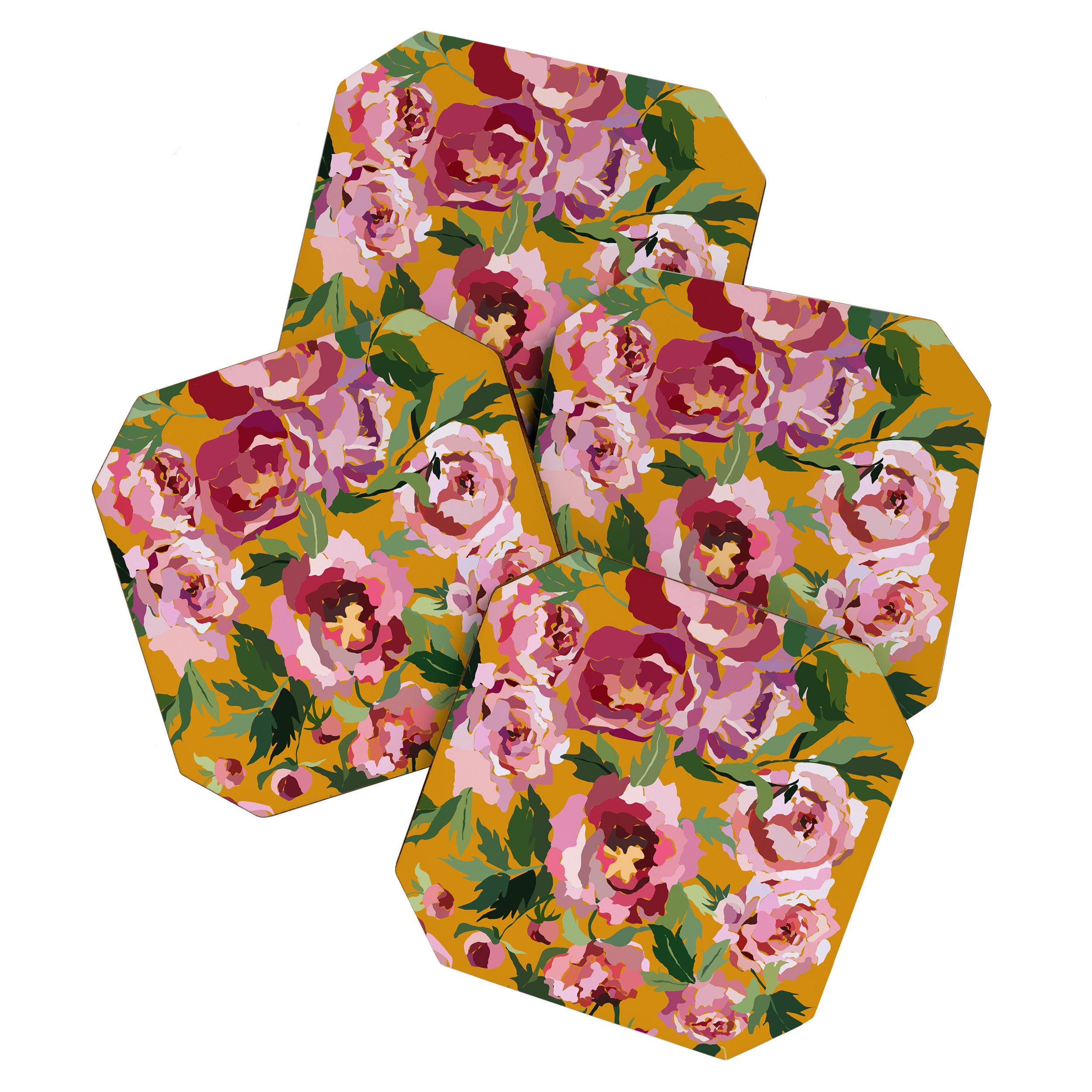 Happy peony with mustard yellow background Coaster Gallery Image 1