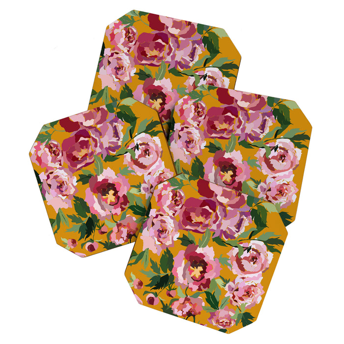 Happy peony with mustard yellow background Coaster Gallery Image 1