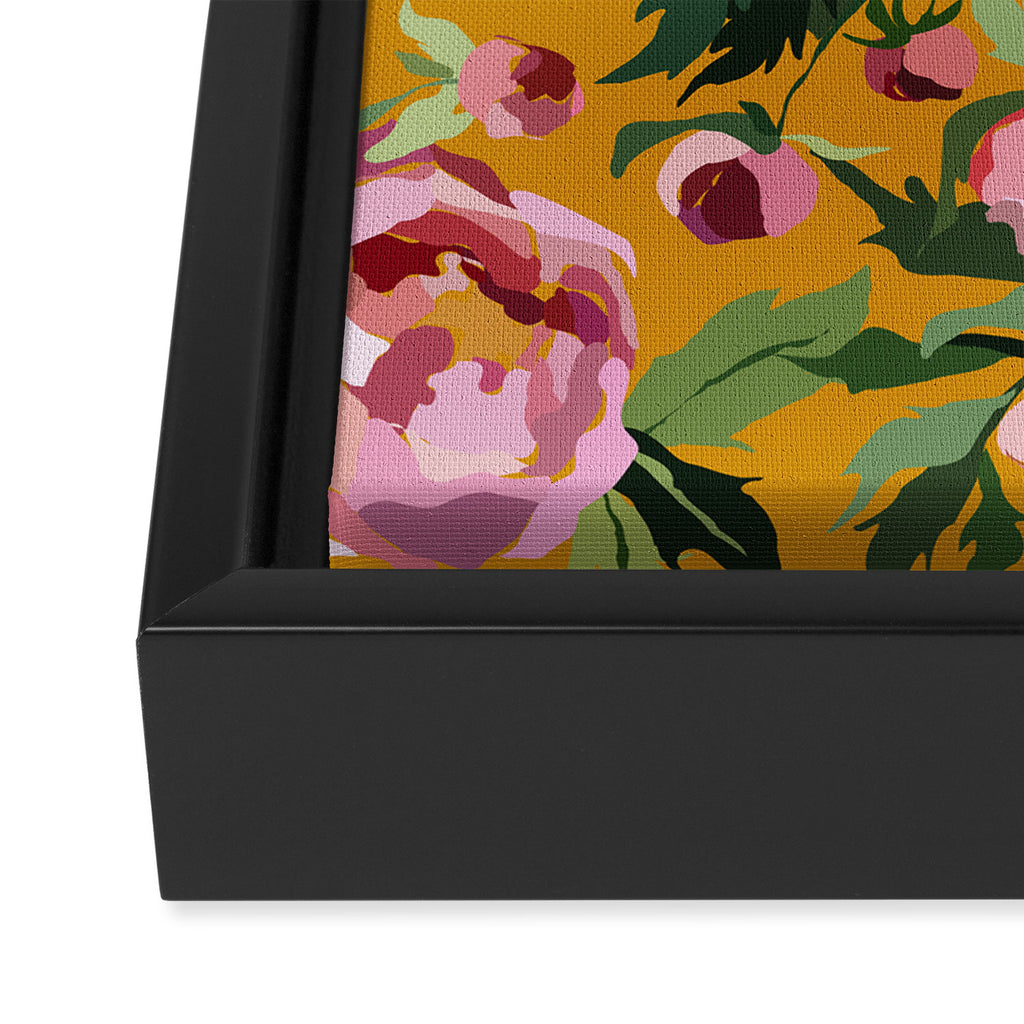 Happy peony with mustard yellow background Framed Canvas Print Gallery Image 3