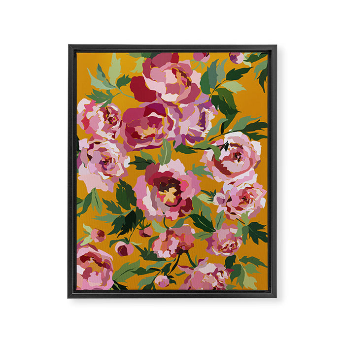 Happy peony with mustard yellow background Framed Canvas Print Gallery Image 1