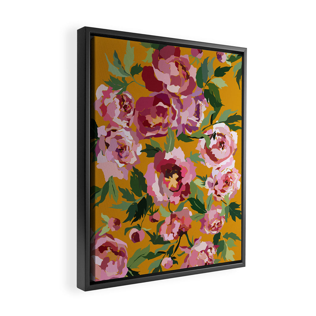Happy peony with mustard yellow background Framed Canvas Print Gallery Image 2