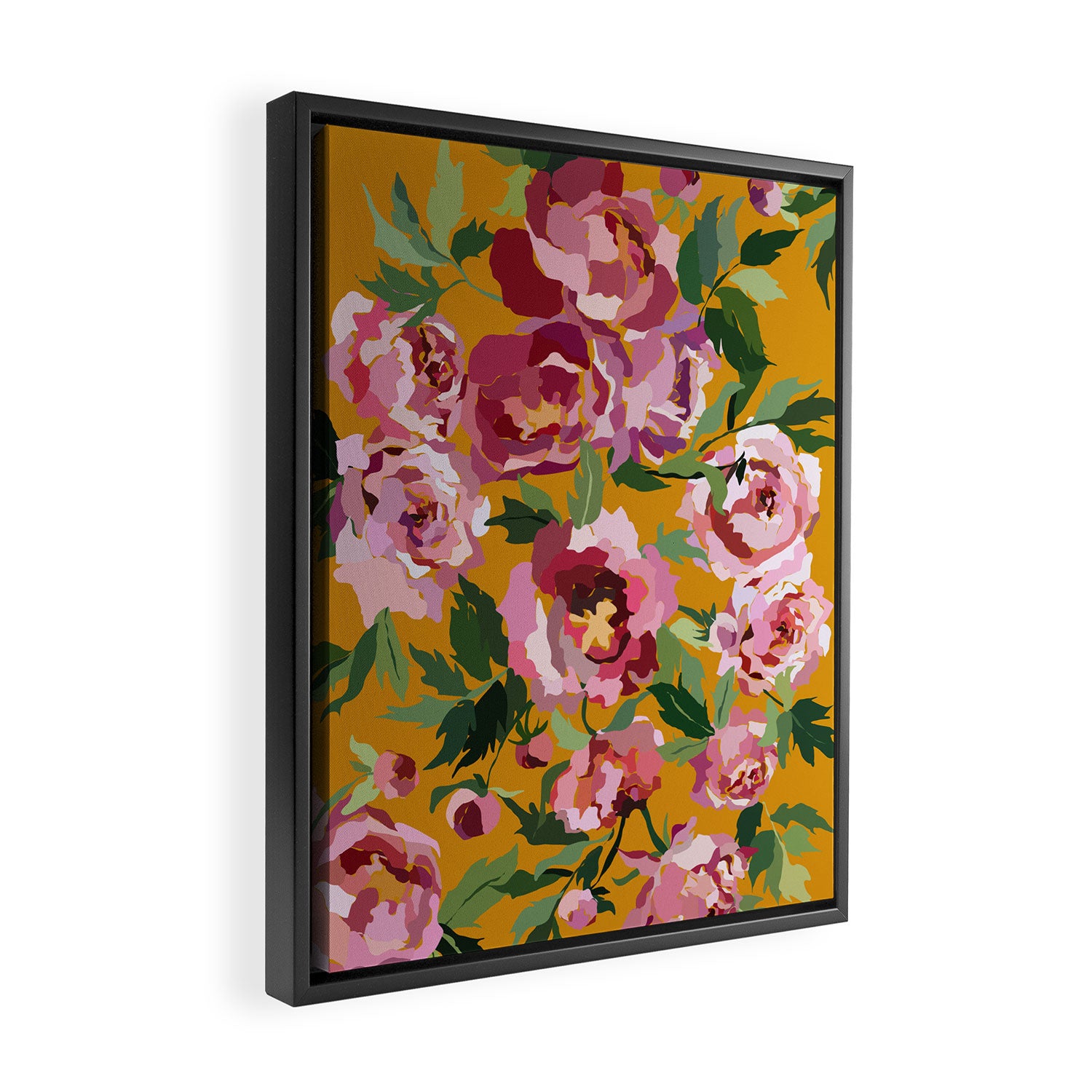 Happy peony with mustard yellow background Framed Canvas Print Gallery Image 2
