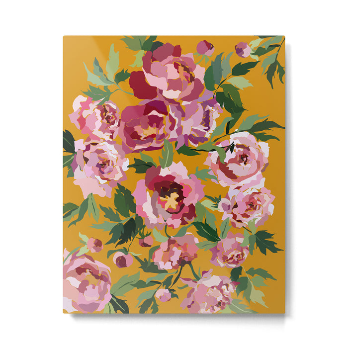 Happy peony with mustard yellow background Metal Print Gallery Image 1