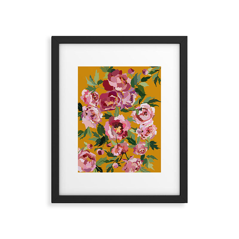 Happy peony with mustard yellow background Framed Art Print Gallery Image 5