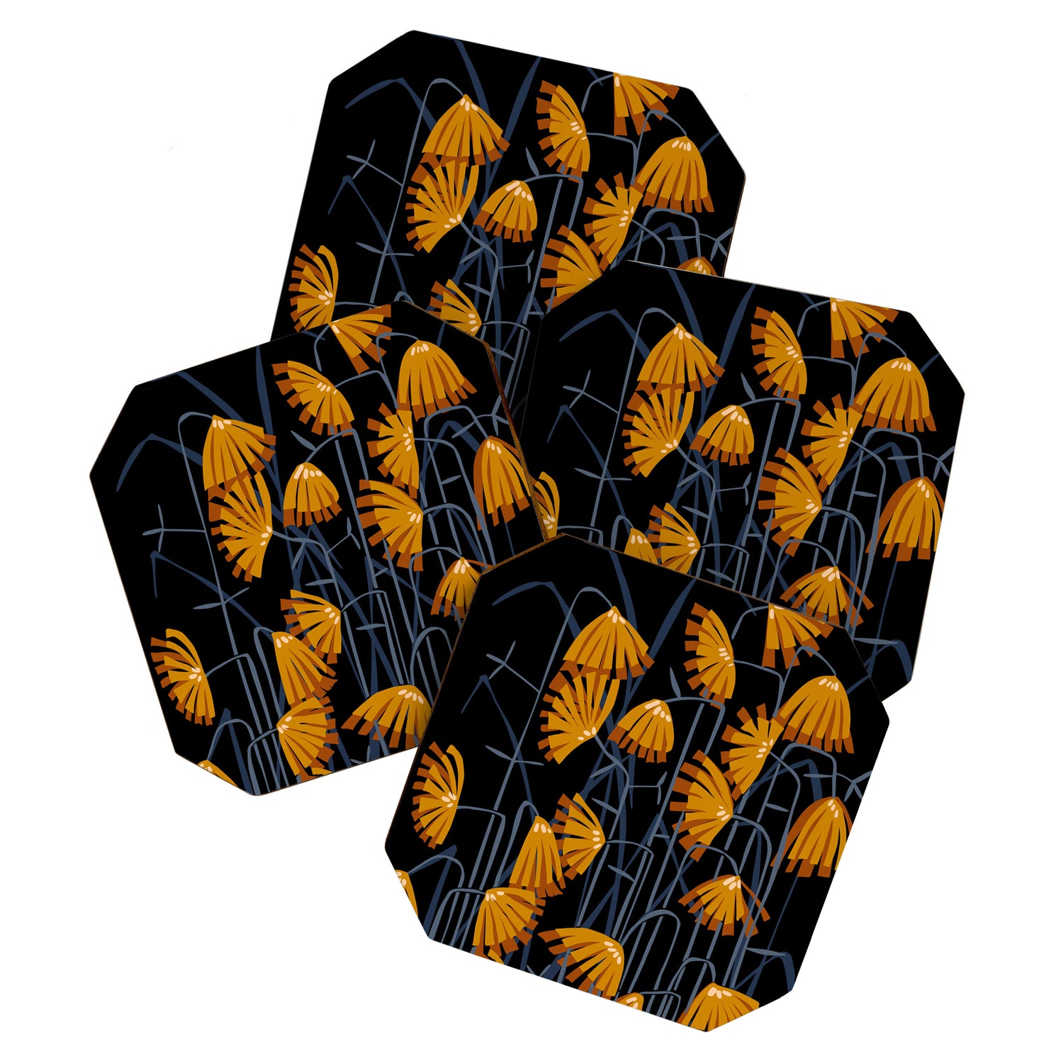 Linocut flower meadow black Coaster Gallery Image 1