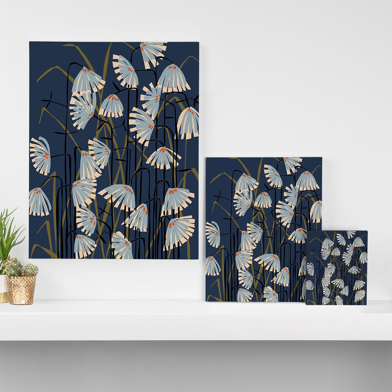 Linocut flower meadow blue Canvas Print Gallery Image 3