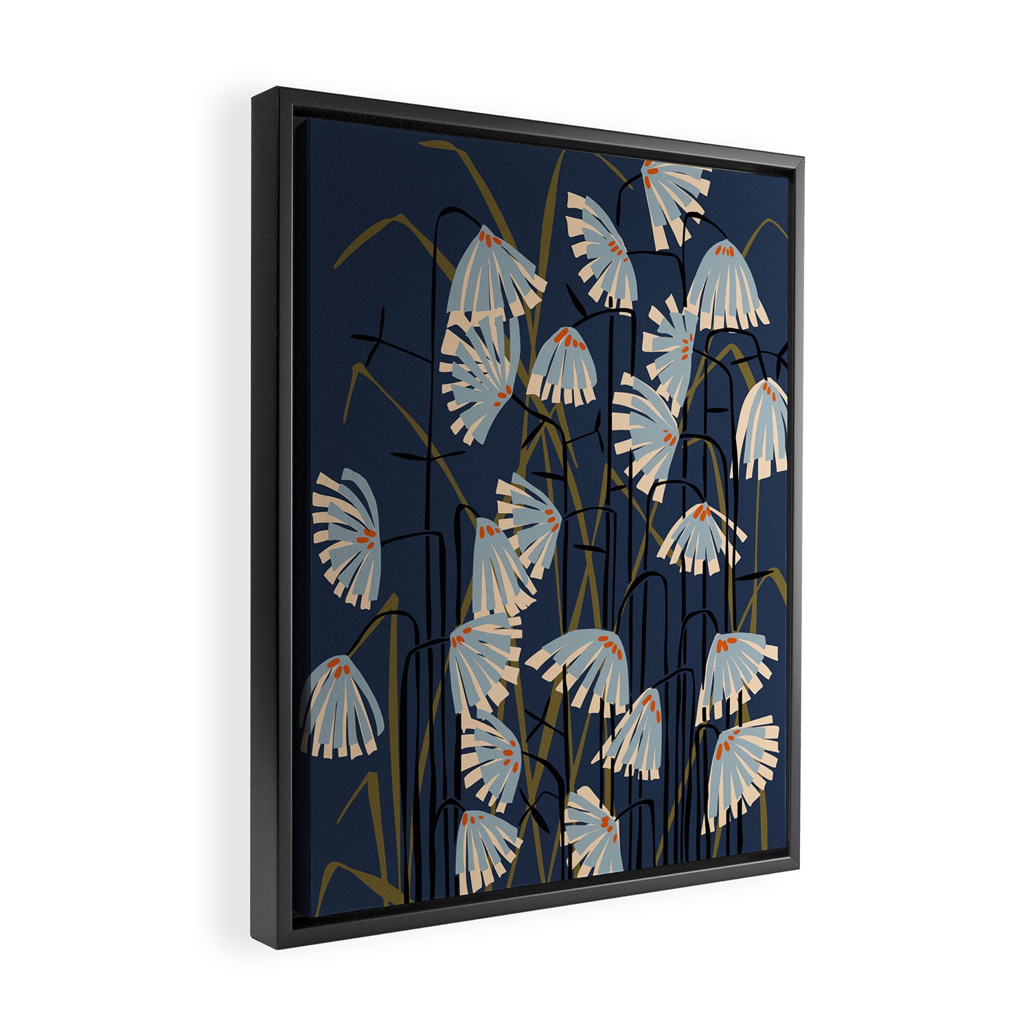 Linocut flower meadow blue Framed Canvas Print Gallery Image 2
