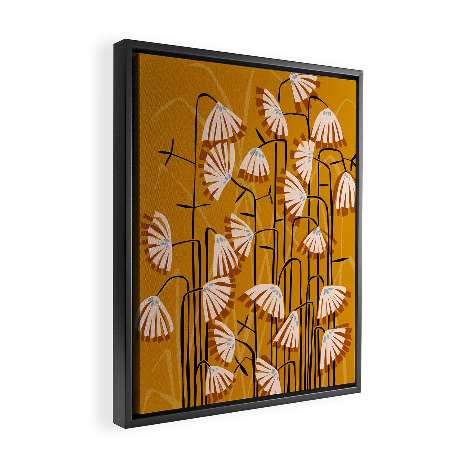 Linocut flower meadow mustard yellow Framed Canvas Print Gallery Image 2