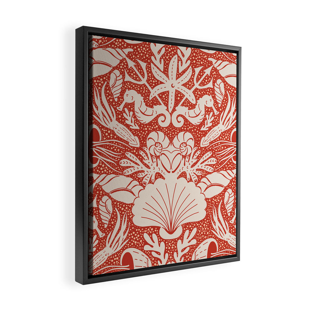 Neptune's joy warm red damask reworked Framed Canvas Print Gallery Image 2