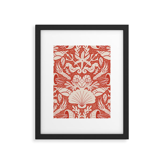 Neptune's joy warm red damask reworked Framed Art Print Gallery Image 1