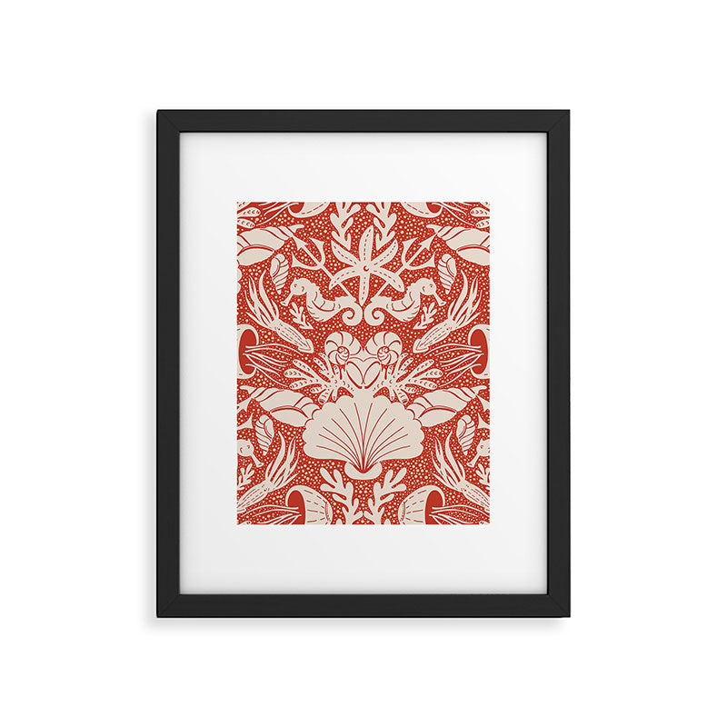 Neptune's joy warm red damask reworked Framed Art Print Gallery Image 6