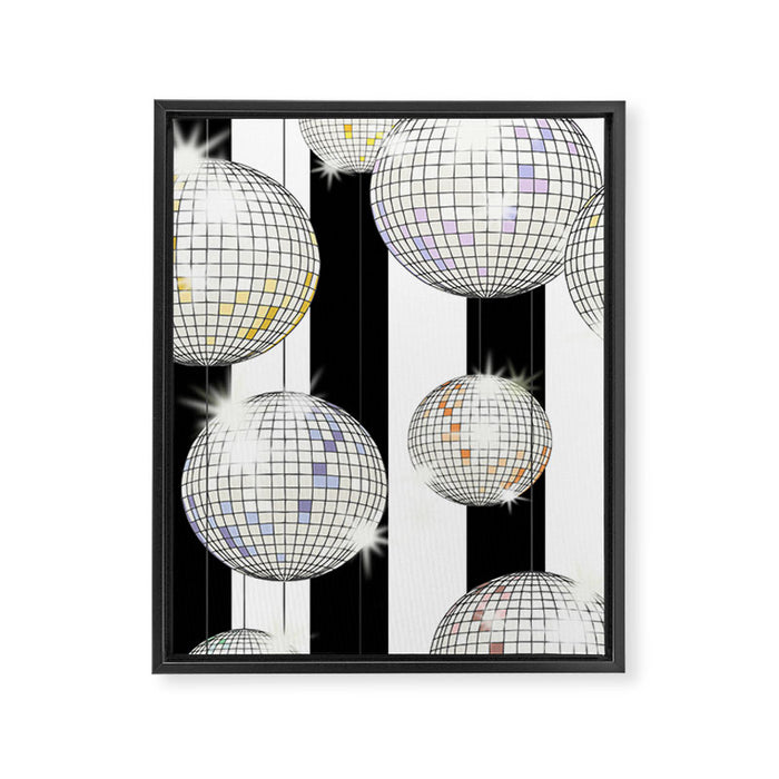 Striped Party Disco Ball black and white Framed Canvas Print Gallery Image 1