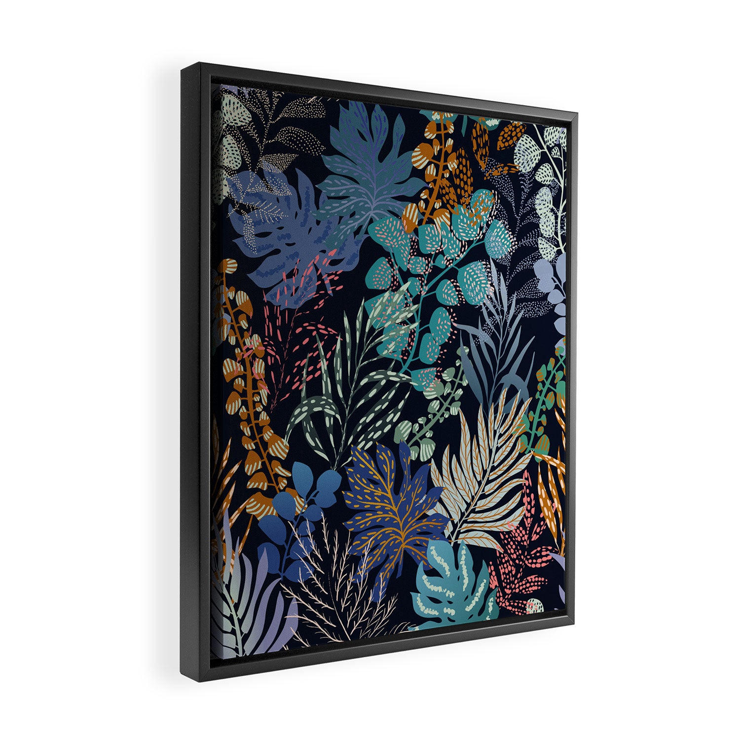 tropical blue night leaves Framed Canvas Print Gallery Image 2