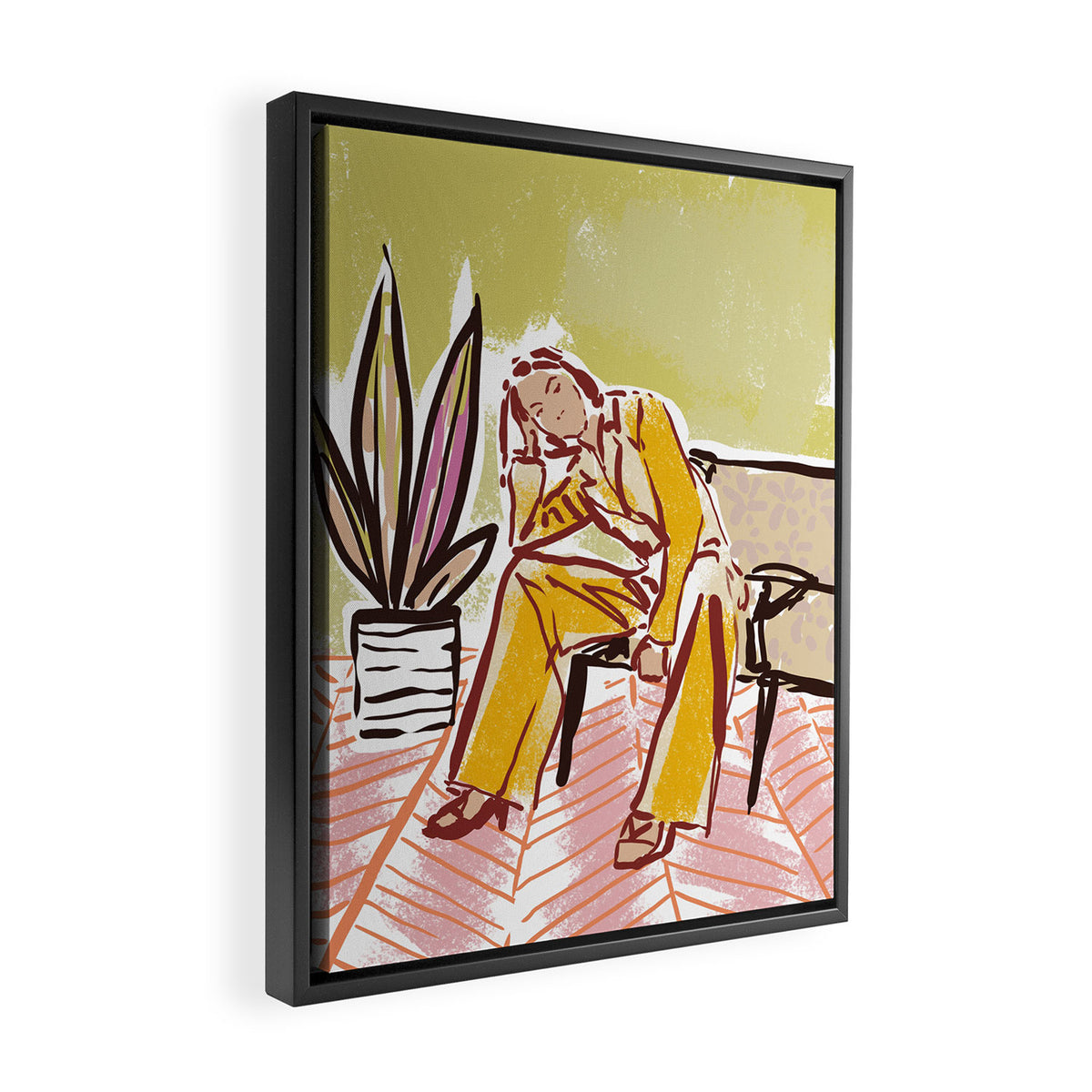 Woman sitting on sofa Framed Canvas Print Gallery Image 2