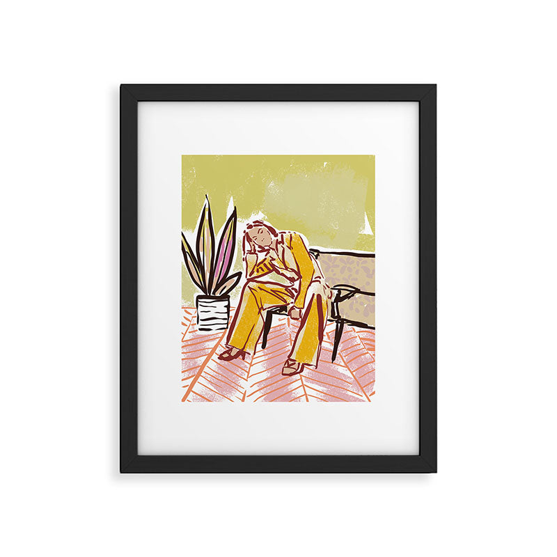 Woman sitting on sofa Framed Art Print Gallery Image 4
