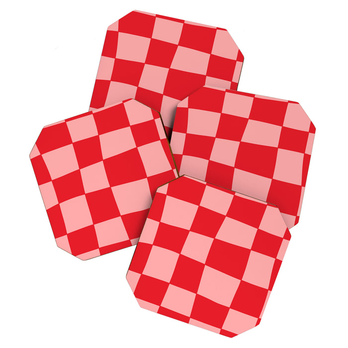 Hand Drawn Checkerboard Pattern (red/pink) Coaster Gallery Image 1