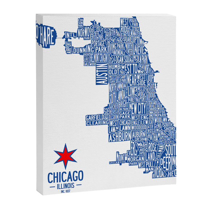 Chicago Neighborhood Map in Blue Canvas Print Gallery Image 1