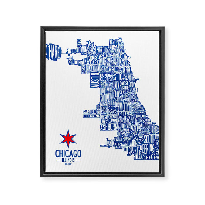 Chicago Neighborhood Map in Blue Framed Canvas Print Gallery Image 1