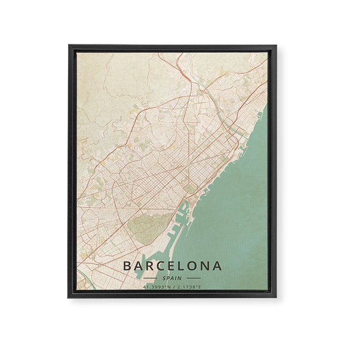 Barcelona, Spain - Vintage Map Framed Canvas Print Gallery Image 1