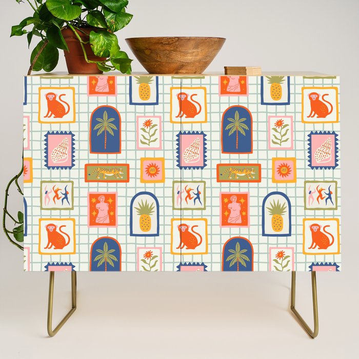 Vintage tropical summer patchwork art pattern Credenza Gallery Image 1