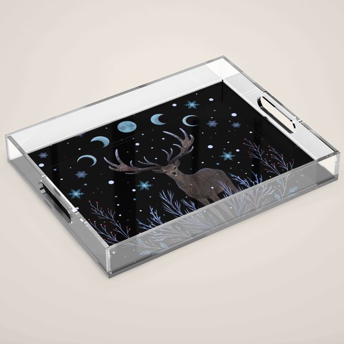 Deer in Winter Night Forest Acrylic Tray Gallery Image 1