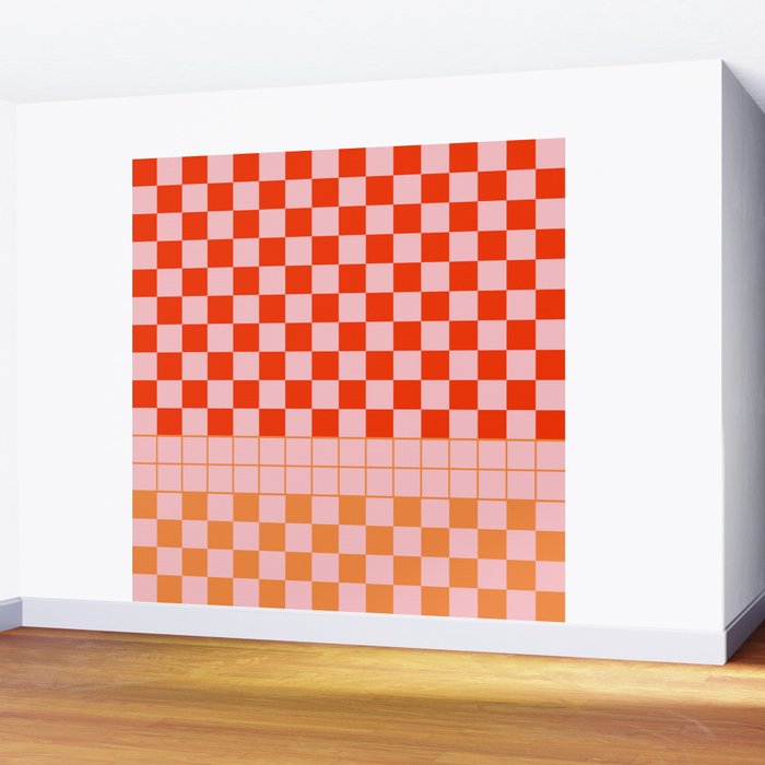 Checkered Triplet Mixed Check Pattern in Orange and Pink Tones Wall Mural Gallery Image 2