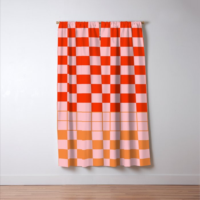 Checkered Triplet Mixed Check Pattern in Orange and Pink Tones Window Curtain Gallery Image 3
